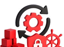 3D illustration: a gear with circular arrows, cubes and a Kubernetes wheel, CI/CD for Kubernetes