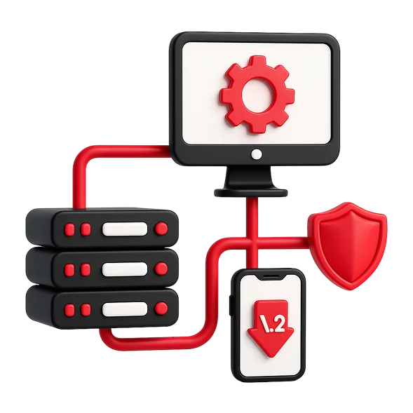 3D illustration: a server rack connected to a computer and a smartphone with a shield, infrastructure security