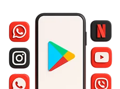 3D illustration: a smartphone with the Google Play logo surrounded by app icons, Google Play publishing