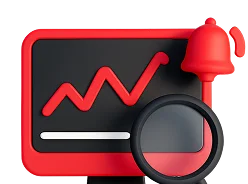 3D illustration: a monitor with a chart, a bell and a magnifying glass, monitoring and logging