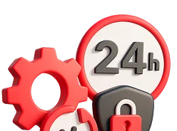 3D illustration: a gear with a 24h clock and a shield, optimisation and support