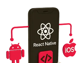 3D illustration: a smartphone with the React Native logo between Android and iOS icons, native iOS development