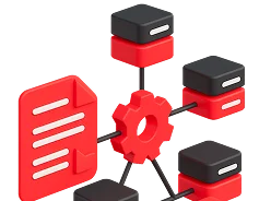 3D illustration: a document connected to a cluster of nodes with a gear, Kubernetes architecture design