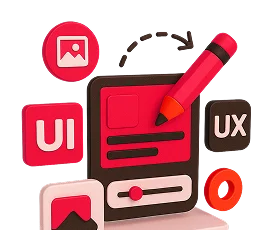 3D illustration: UI and UX tiles with a pencil and a mobile screen, UI/UX design