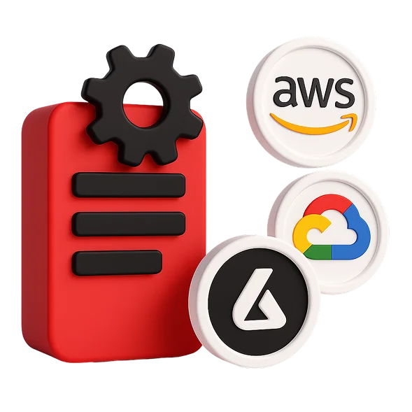 3D illustration: a red server with a gear and AWS, Google Cloud and Azure icons, cloud infrastructure on AWS, GCP and Azure