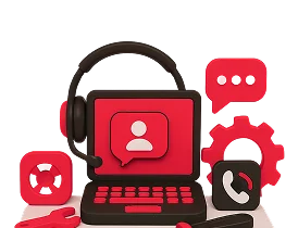 3D illustration: a laptop with a user profile, headphones, a chat bubble and a lifebuoy, support and maintenance