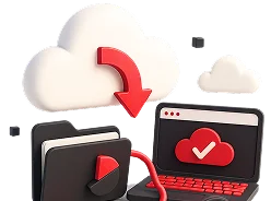 3D illustration: a cloud with an arrow pointing down to a folder and a laptop, seamless cloud migration