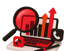 3D illustration: a magnifying glass over charts on a laptop, analytics and optimisation