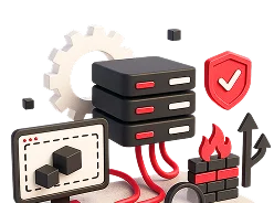3D illustration: a server rack with a gear, a shield and a firewall, compute resources