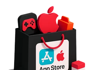 3D illustration: an App Store shopping bag with an Apple logo and a game controller, App Store publishing