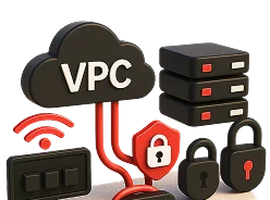 3D illustration: a VPC cloud connected to servers, a router and padlocks, networking and VPN