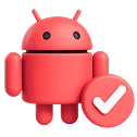 3D illustration: a red Android robot with a checkmark, Android device support