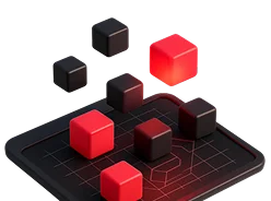 3D illustration: red and black cubes floating over a circuit board, API contracts and integrations