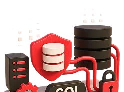 3D illustration: database cylinders connected to a server with an SQL label, managed databases