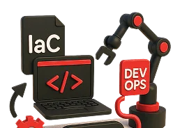 3D illustration: a laptop with code, an IaC document, a robotic arm and a DevOps sign, infrastructure automation
