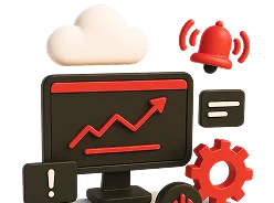 3D illustration: a monitor with a rising chart, a bell and a cloud, monitoring and management