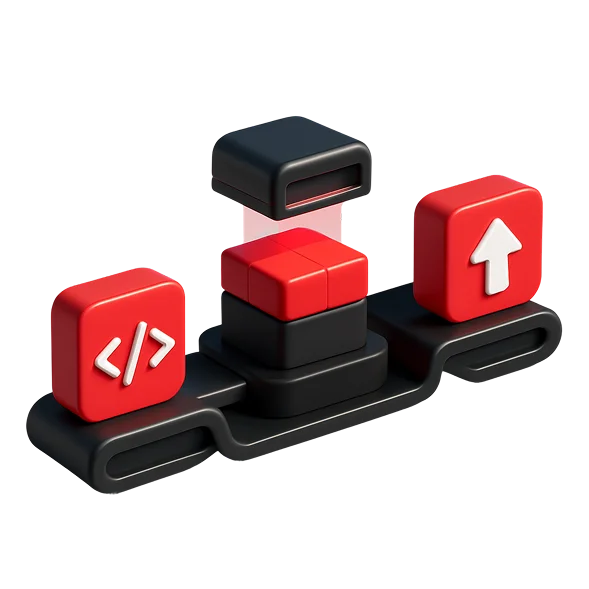 3D illustration: code, stop and deploy blocks on a conveyor, CI/CD pipeline
