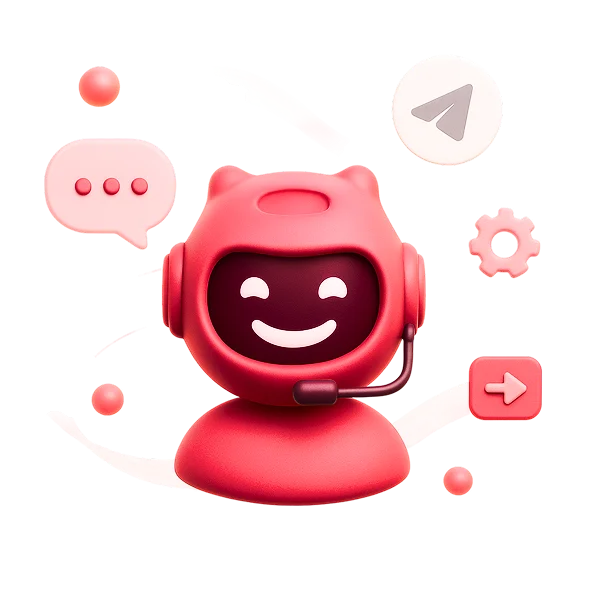 3D illustration: a smiling red robot with chat bubbles and the Telegram icon, smart Telegram bots