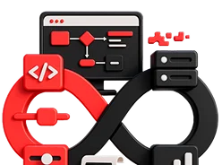 3D illustration: a red and black infinity loop with code and server icons, CI/CD design