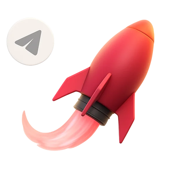 3D illustration: a red rocket with the Telegram icon, Telegram Mini Apps launch