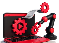 3D illustration: a laptop with a gear and a robotic arm, automated build