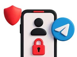 3D illustration: a smartphone with a user profile, a padlock, a shield and the Telegram logo, user authentication