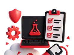 3D illustration: a laptop with a test flask, a checklist and a shield, automated testing