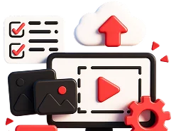 3D illustration: a screen with a video player, photos, a checklist and a cloud upload, media management