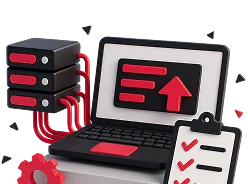 3D illustration: a server rack and a laptop with an upload arrow, deployment automation