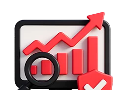 3D illustration: a monitor with a rising chart and a magnifying glass, user analytics
