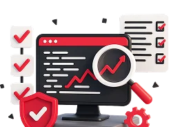 3D illustration: a monitor with code, a magnifying glass and checklists, code quality control