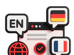 3D illustration: a chat window with EN, German and French flags and a globe, multilingual interface