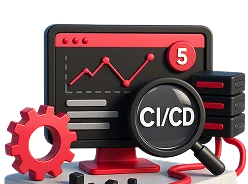 3D illustration: a monitor with a chart, a CI/CD magnifying glass and gears, CI/CD monitoring