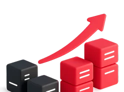 3D illustration: stacked server cubes with a rising arrow, scaling and growth