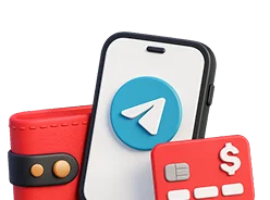 3D illustration: a smartphone with the Telegram logo, a wallet and a bank card, Telegram payments