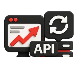 3D illustration: a browser window with a chart, a sync icon and an API label, API integrations