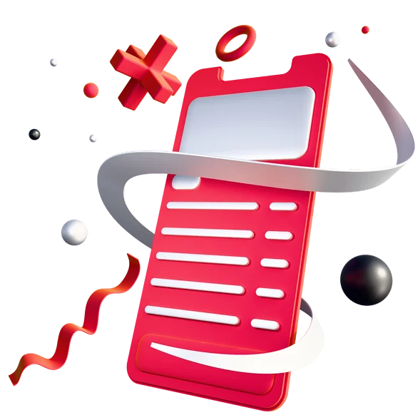 3D illustration: a red smartphone with a list on screen surrounded by abstract elements, mobile development