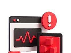 3D illustration: a browser window with a heartbeat chart and an alert sign, architecture review and technical support