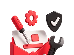 3D illustration: a toolbox with a screwdriver, wrench, gear and shield, baseline server configuration