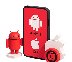 3D illustration: a smartphone with Android and iOS logos and the Android robot, cross-platform development