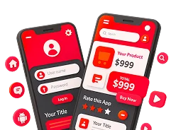 3D illustration: mobile app screens with login, product price and ratings, UI/UX design