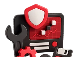 3D illustration: a monitor with a chart, a shield, a wrench and a floppy disk, support and maintenance