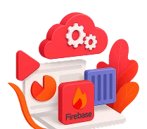 3D illustration: a cloud with gears, charts and the Firebase logo, Firebase integration