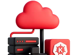 3D illustration: a red cloud over a server rack with a Kubernetes badge, Kubernetes deployment
