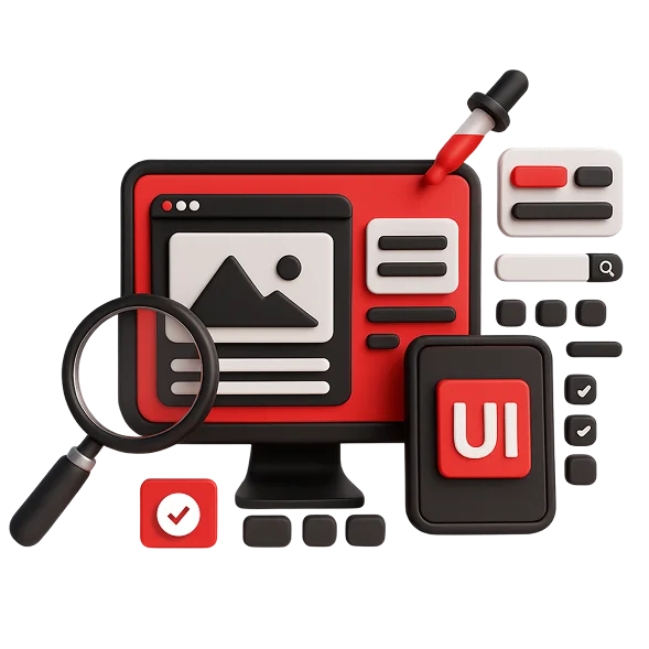 3D illustration: a monitor with a UI layout, a magnifying glass and a UI badge, UI/UX design services