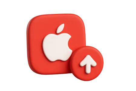 3D icon: an Apple logo with an update arrow, iOS update support