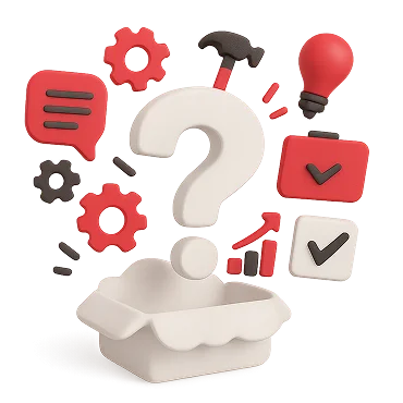 3D illustration: a question mark surrounded by gears, a light bulb and a hammer, a solution for another industry