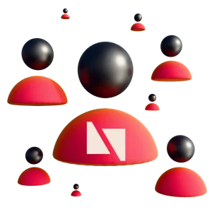 3D illustration: user avatars around a Nomium logo, an experienced team