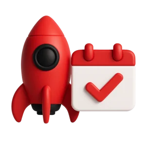 3D illustration: a rocket and a calendar with a checkmark, architecture for change and fast releases