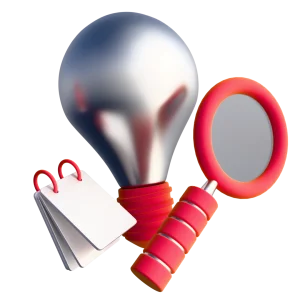 3D icon: a light bulb with a magnifying glass and a notepad, improvement consultations